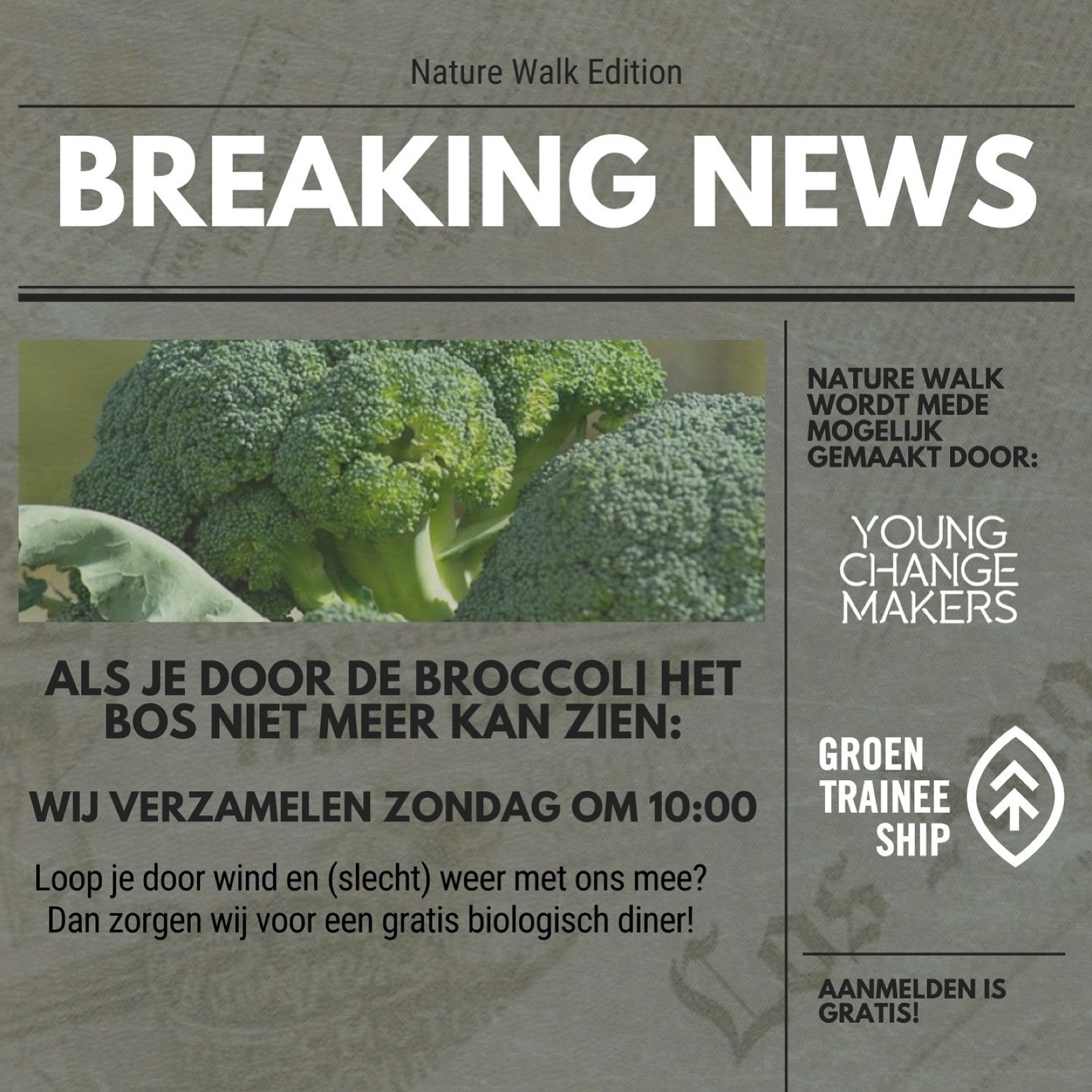 Instagram-promo van Young Changemakers en Groen Traineeship voor de Nature Walk: verzamelen op zondag om 10:00 met een gratis biologisch diner