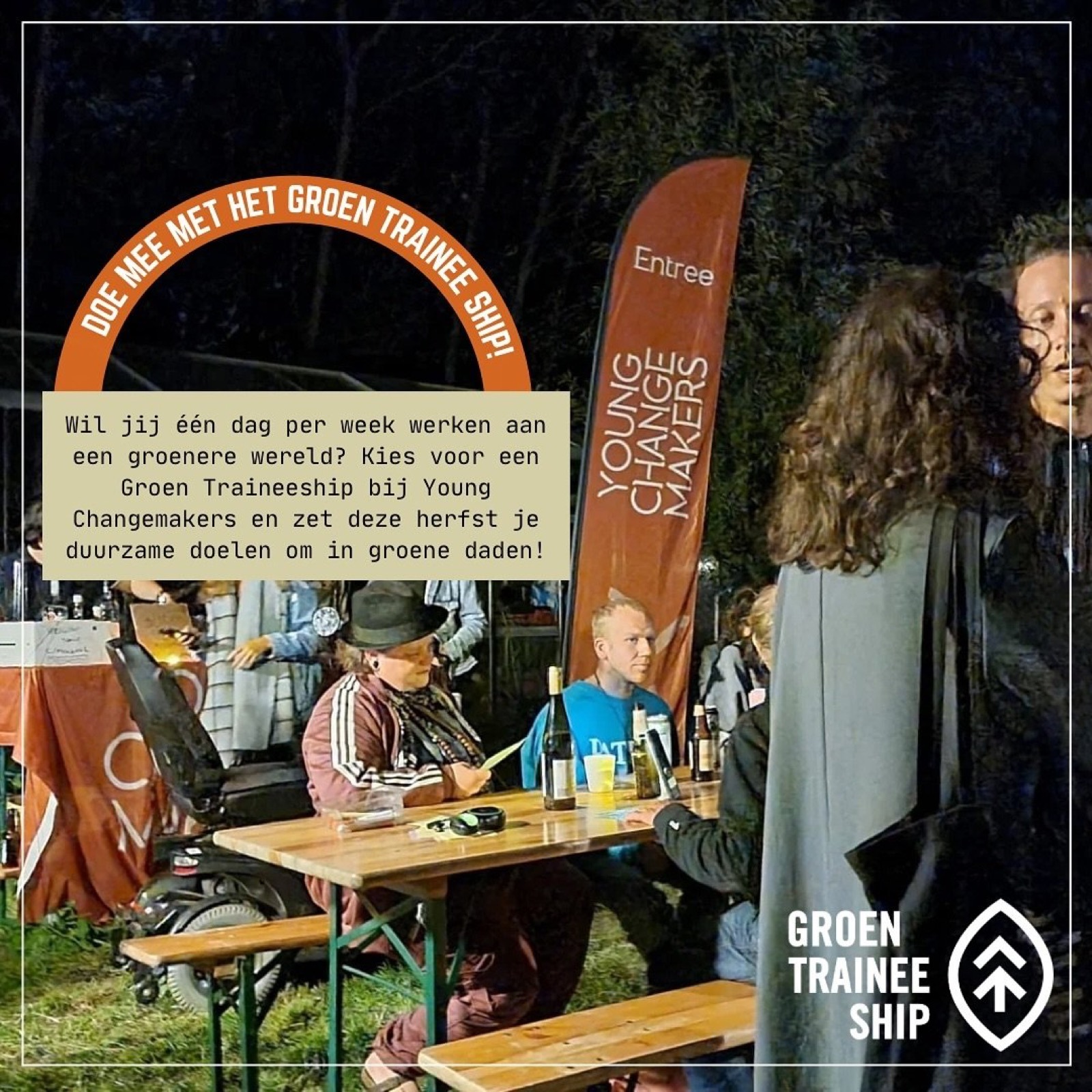 Young Changemakers en Groen Traineeship op een avondevenement, met een oproep om je aan te sluiten bij het Groen Traineeship